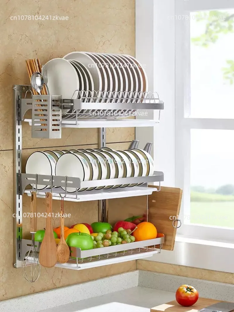 Kitchen Dish Rack,Hanging Dish Drying Rack Organizer Storage Shelf Over Sink,2 Tier Wall Mount Bowl Holder With Drain Tray