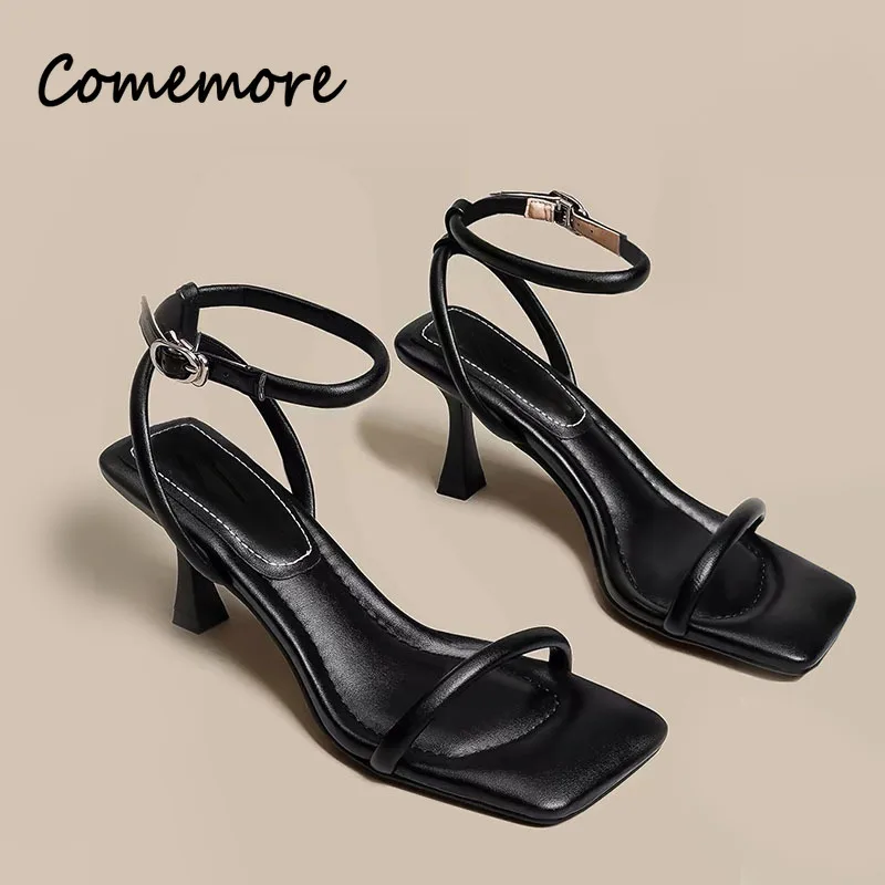 Black Ankle-Strap Buckle Sandal Summer Square Toe Ladies Stiletto High Heel Shoes Sexy Solid Thin Band Sandalias De Mujer Verano