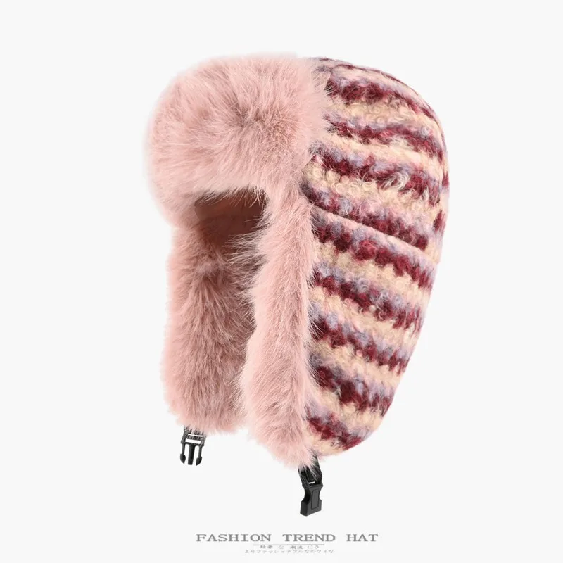 Japanische gestreifte, farbblockierte Plüsch-Lai-Feng-Mütze für Männer und Frauen, Winter, verdickt, warm, mit Ohrenschutz, Bombermütze zum Radfahren – Detail 2