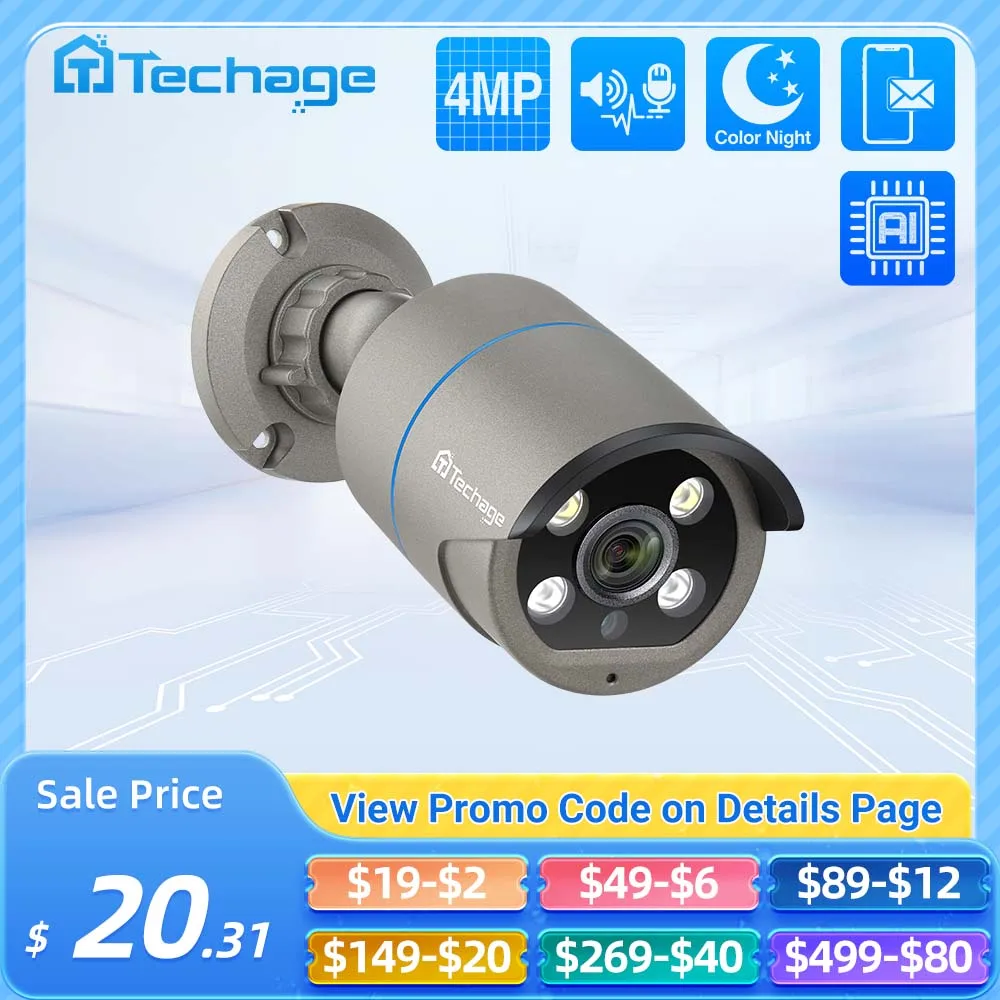 Techage H.265 4MP Two Way Audio POE IP Camera IP66 Waterproof Outdoor Video CCTV Security Surveillance Camera for POE NVR System