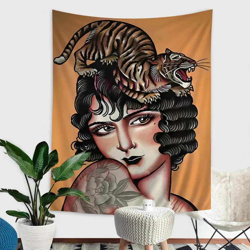 VIKAMA Vintage Tattoo Women And Beast Tapestry, Interior Creative Home Decoration Tapestry For Wall Decoration Items