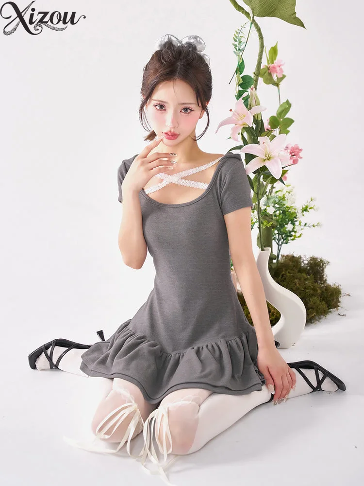 

Ballet Leotard Dress Crisscross Lace Trim Double Layer Ruffle Hem Hooded Mesh Puff Sleeve Short Sleeve Dance Costume 2026 Slim