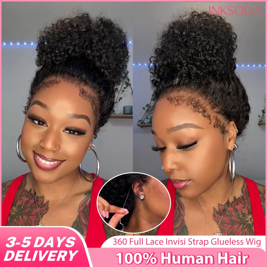 

30 36 inch HD Invisi Strap 360 Full Lace Frontal Deep Wave Wig Black 100% Human Hair Drawstring Snug Water Wave Wig Glueless