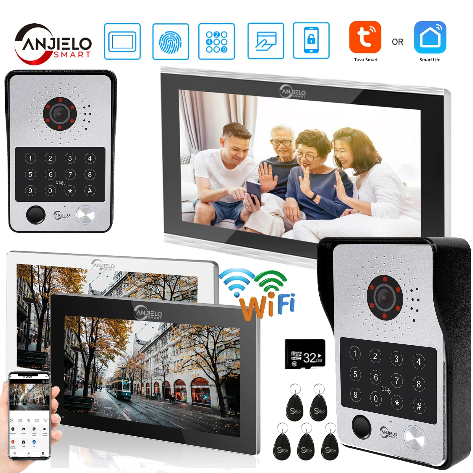 

ANJIELO 5in1 Unlock Doorbell Video Intercom System Home intercom with screen Doorphone intercom for apartment wifi1080P Monitor