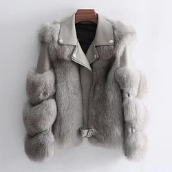 Fashionable Warm Short Fox Fur Jacket Women Autumn Winter Pu Leather Faux Fur Motorcycle Jackets Ladies Luxury Short Coat