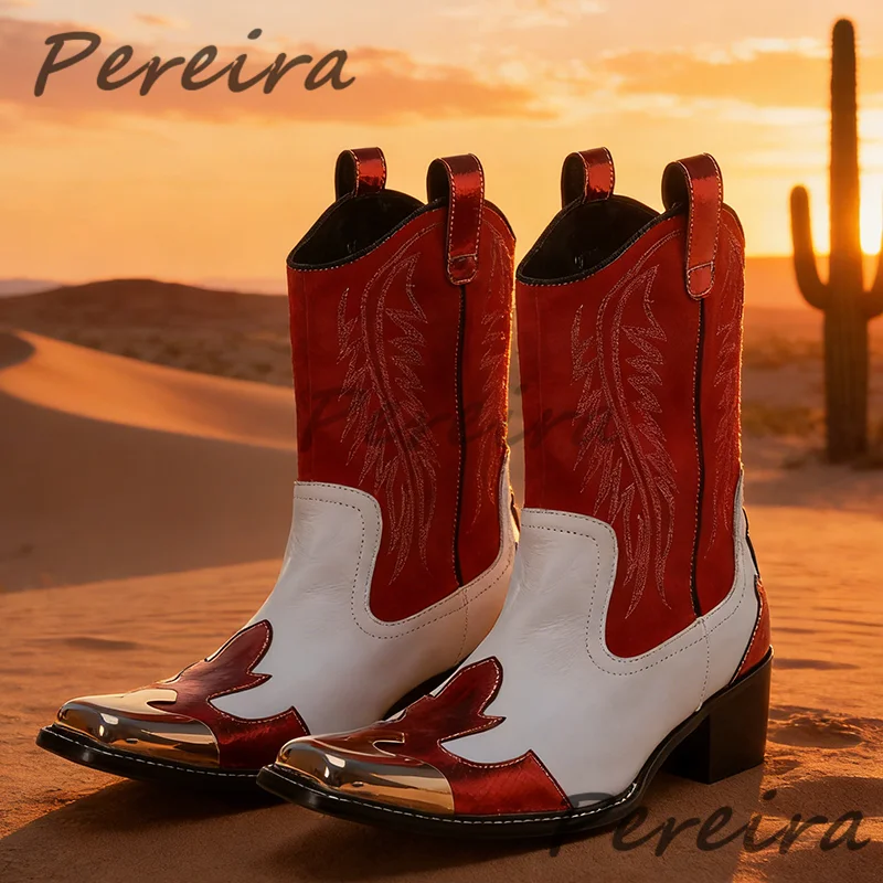 

Red White Mixed Colors Men's Chelsea Boots Embroidery Metal Square Toe Side Zipper Calf Boots Autumn Winter Trendy Male Shoes