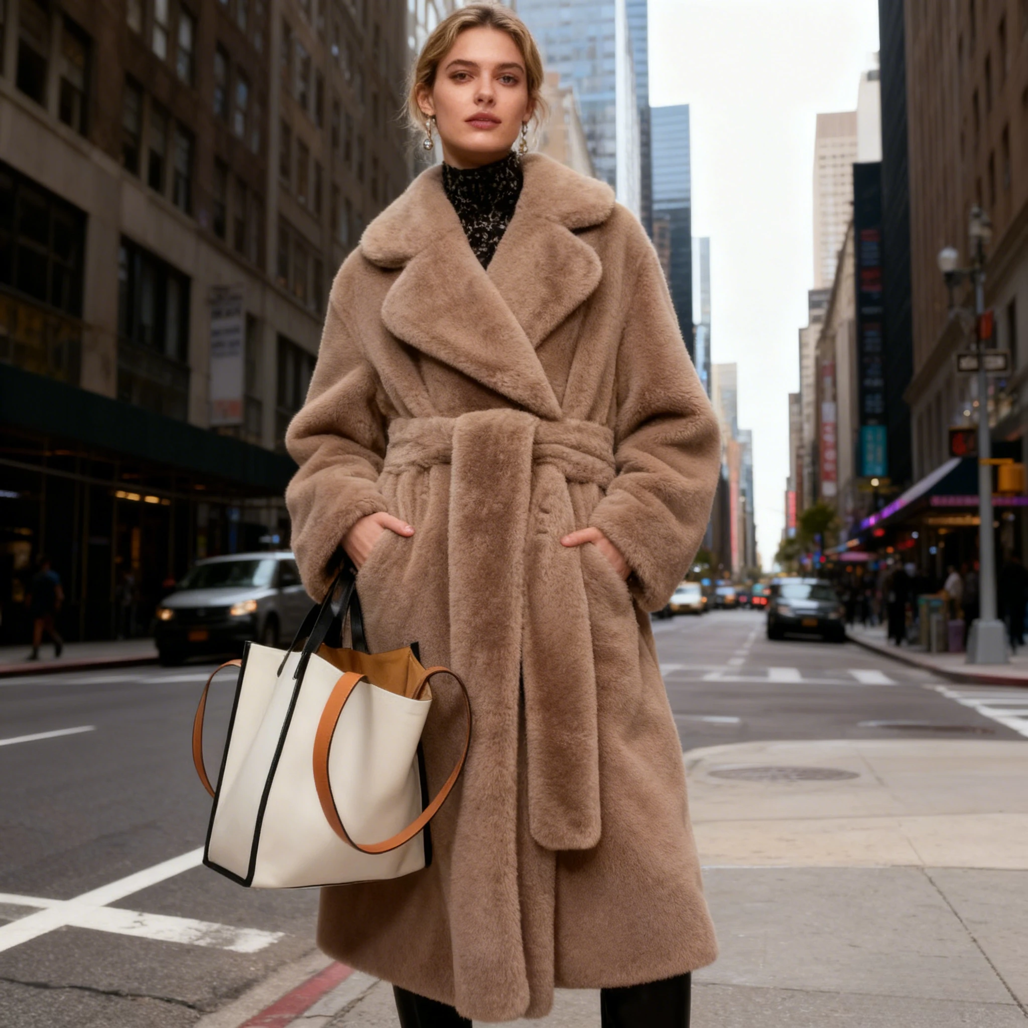 フェイクファーマキシジャケット レディース 厚ベルト付き 秋冬コート ロング丈 暖かい Y2K ラグジュアリーベルトファー ブラックパーカー ボンタージュ ファーリーアウターウェア