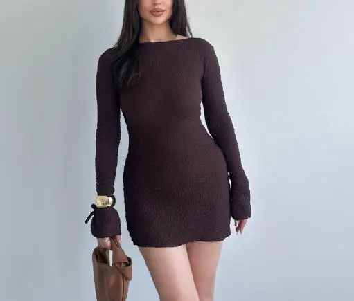 

Autumn 2025 Solid Color One Piece Hoodie with Exposed Backpack Long Sleeve Collar Hip Short Skirt for Women