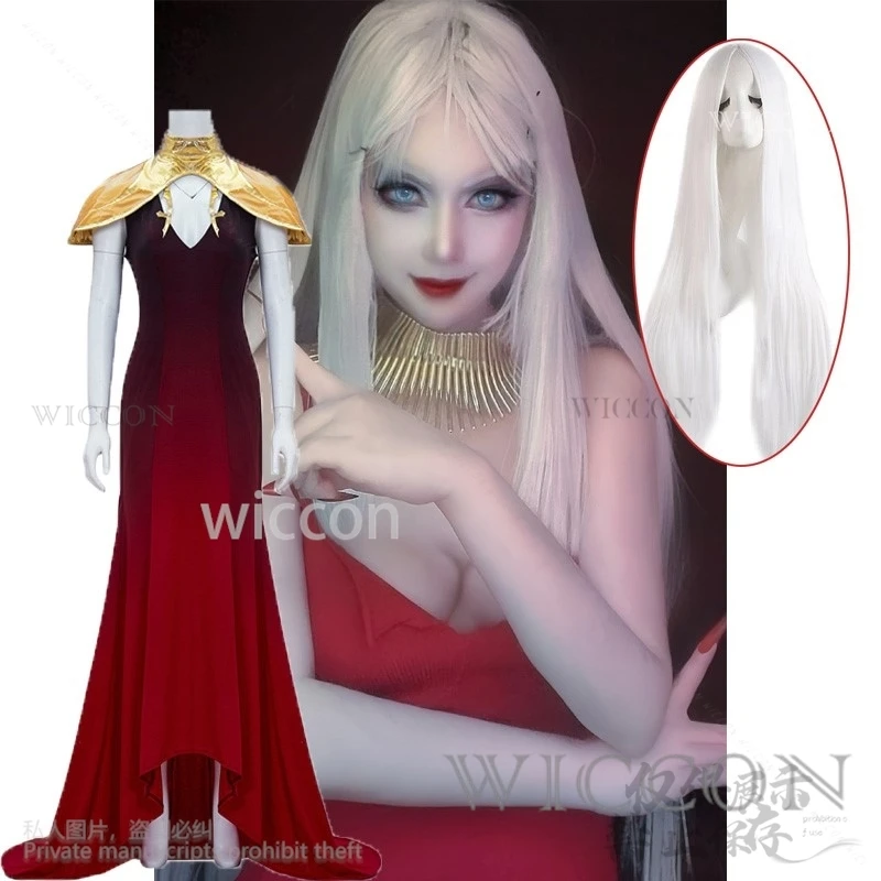 Anime Game Castlevania Carmilla Cosplay Costume Red Sexy Dress Lolita Vampire Cos Long White Wig For Fancy Party Halloween Girls