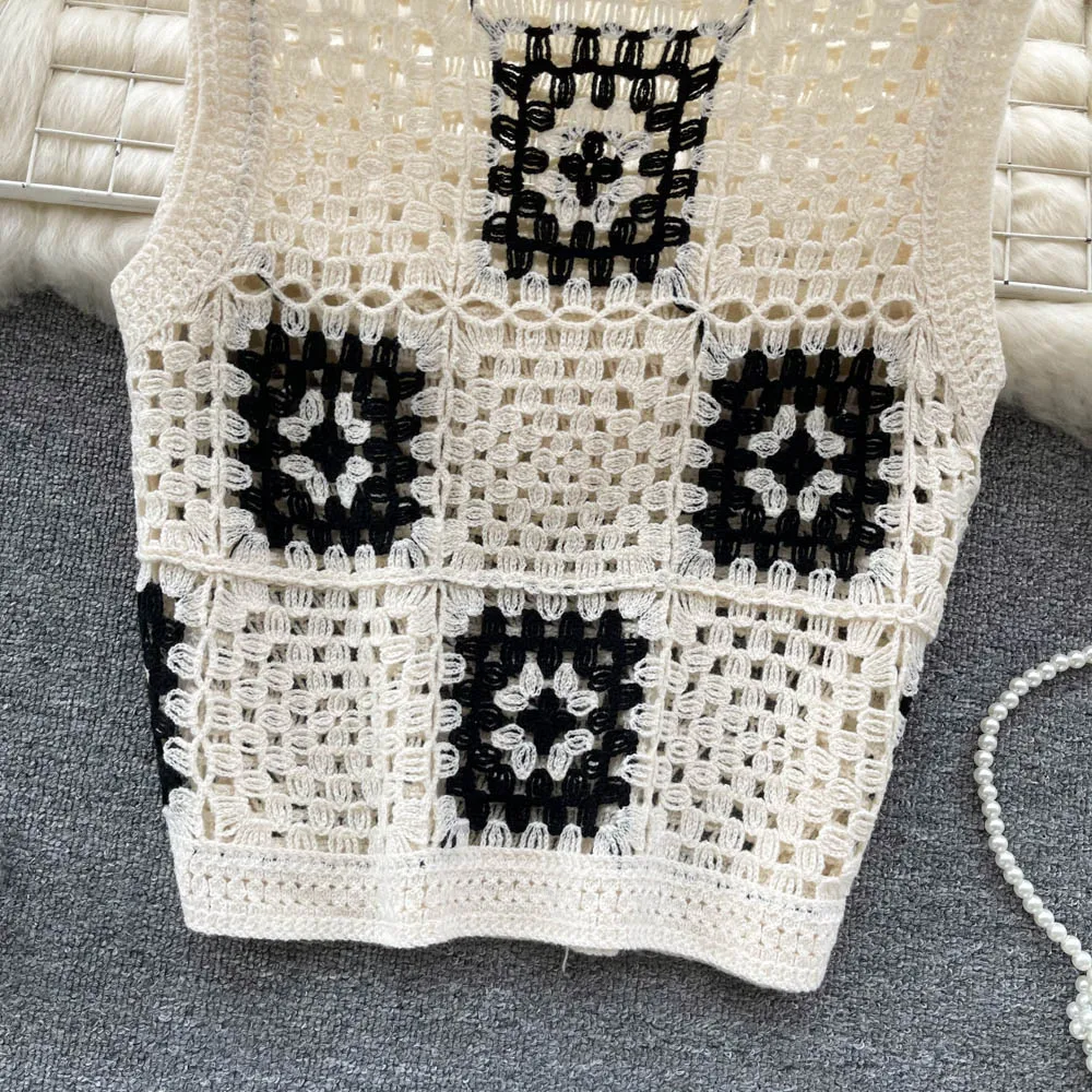 Women Granny Square Crochet Top Openwork Knit Sleeveless Vest Knitwear Laides Teengirl Summer Fairycore Cottagecore Outfit