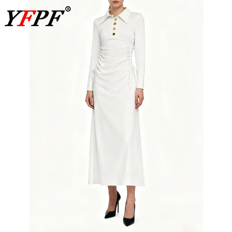 

YFPF женское платье модное с завязками на талии и складками с длинным рукавом тонкие однотонные платья элегантная новая одежда
