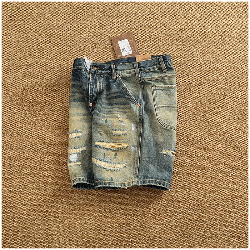 

Летние уличные трендовые джинсовые шорты с рваными нашивками, мужские разноцветные потертые чернила, модные брендовые потертые брюки в стиле ретро с пятью четвертью