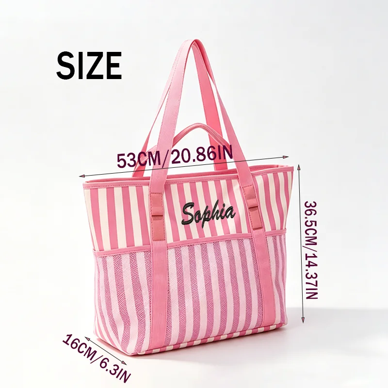Maßgeschneiderte Stickerei/Standard-Stil 2 Optionen, Neue gestreifte Strandtasche mit vielen Taschen zur einfachen Organisation, schönes Geschenk! – Detail 2