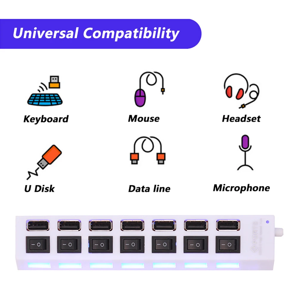 Weißer USB-2.0-Hub mit sieben Anschlüssen und individuellen Schaltern, mit schlankem Design für universelle Kompatibilität