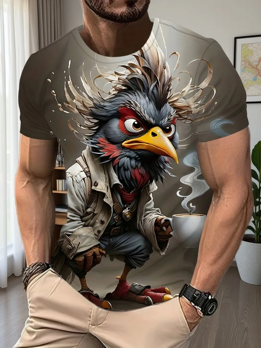 The Rooster Is Holding A Cup of Coffee 3D Printed Men T-shirt Casual Comfortable Breathable and Quick-dry Outdoor Activities Top