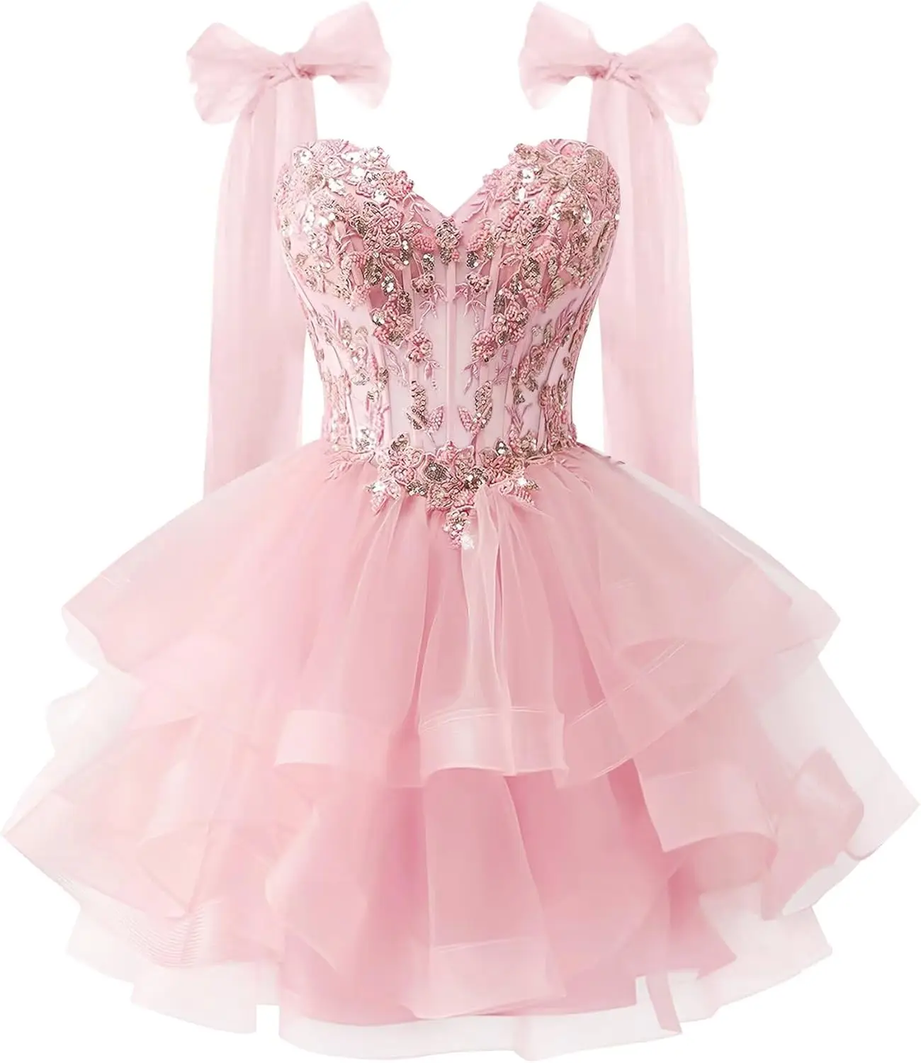 

Tiered Tulle Homecoming Dresses Sparkly Lace Applique Bow Straps Short Prom Dress for Teens Quinceanera DAMA Dress