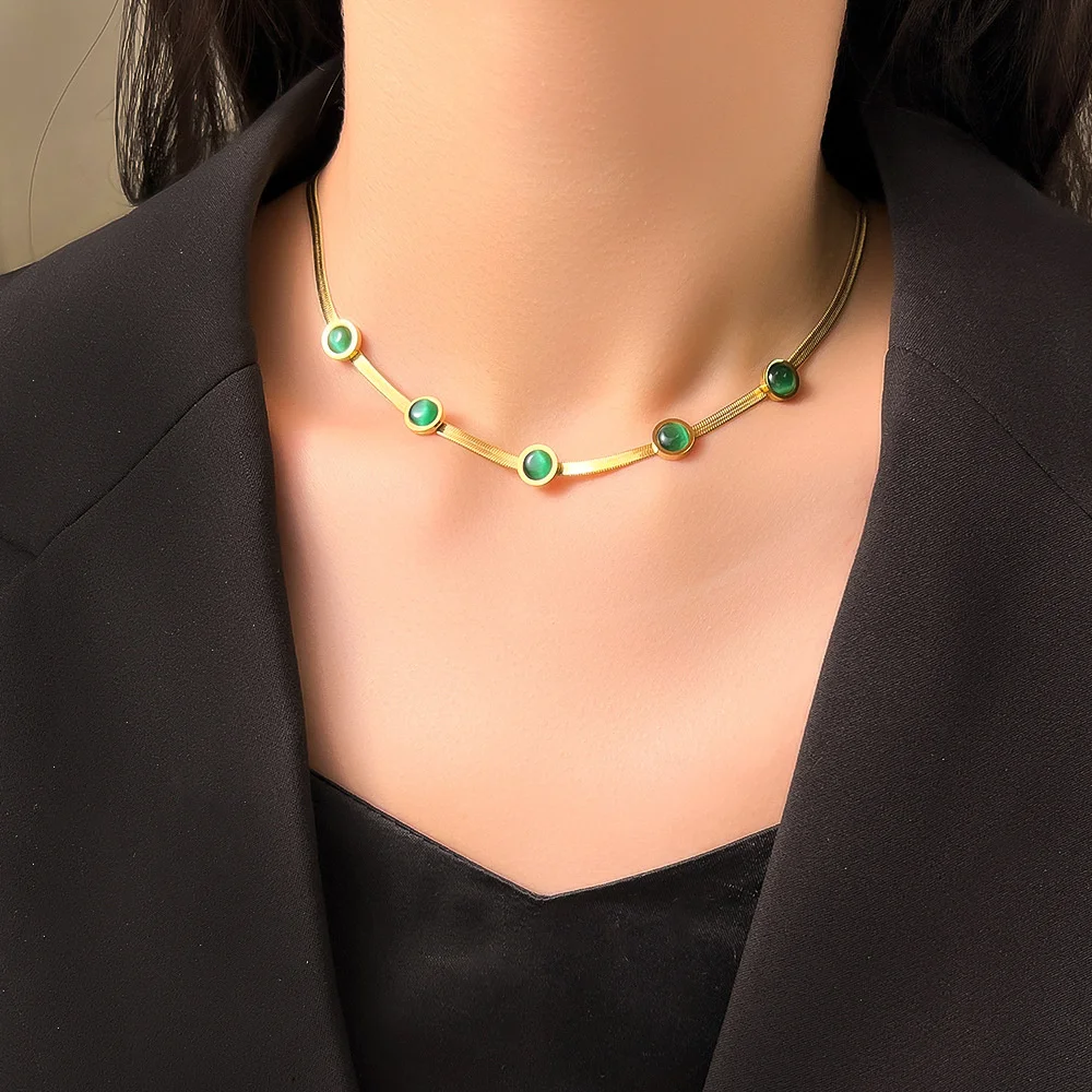 

Women's Fashion Green Bead CZ Charm Choker Necklace For Women Gold Color Stainless Steel Snake Chain Female Jewelry Gift