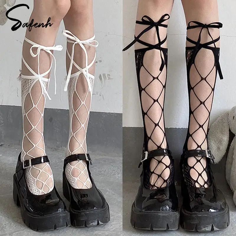 

Jk Tie Lace Fishnet Stockings Irregular Hollow Straps Calf Socks Women's Middle Tube Socks Sexy Women Japanese JK Lolita Socks