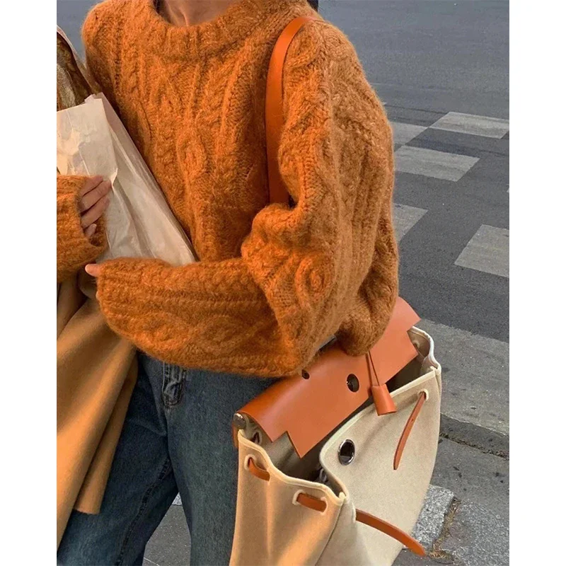 MEXZT Streetwear Cropped Sweater Women Vintage Oversized Knitted Pullovers Korean O Neck Jumpers Winter Basic Thicken Knitwear