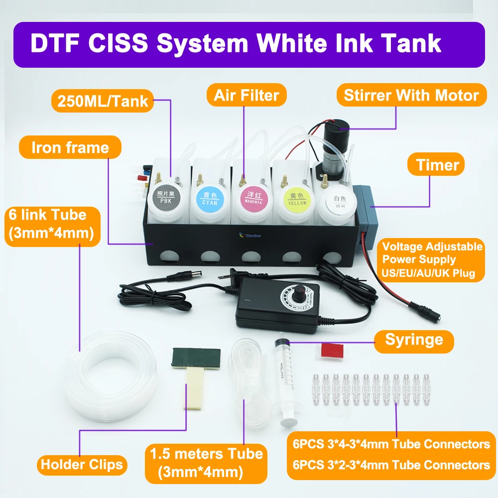 250ML Universal DTF CISS Ink System DIY Kit White Ink Tank Shake For Epson L18050 L8050 ET8550 XP15000 L1800 L805 NO Damper