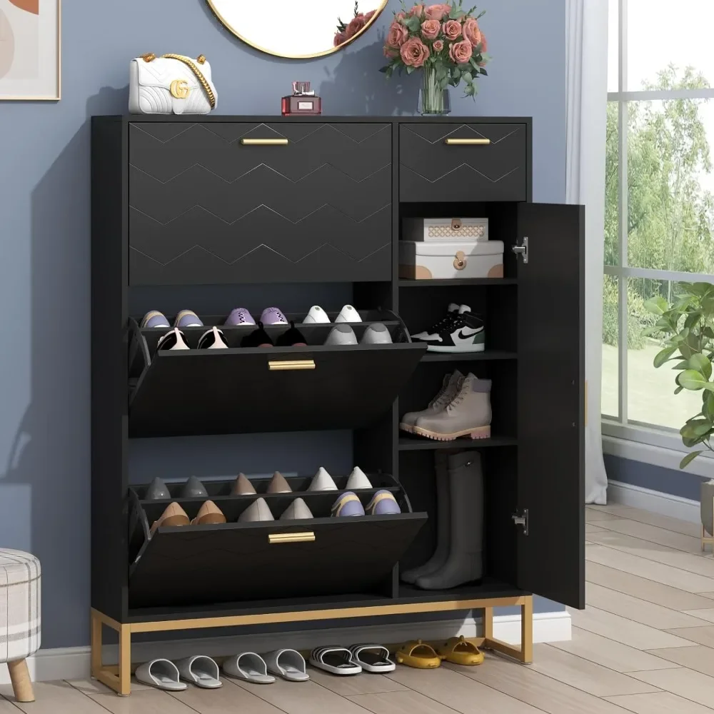 Shoe Storage Cabinet, Free Standing Shoe Organizer with 3 Flip Drawers,Modern Shoe Rack with Adjustable Side Cabinet