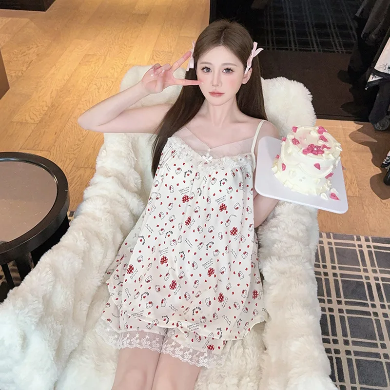 Women Summer Sexy Pajamas Girls Padded Bra French Style Sleepwear Lady Mesh Spaghetti Adjustable Strap Shorts Pajama Sleepdress