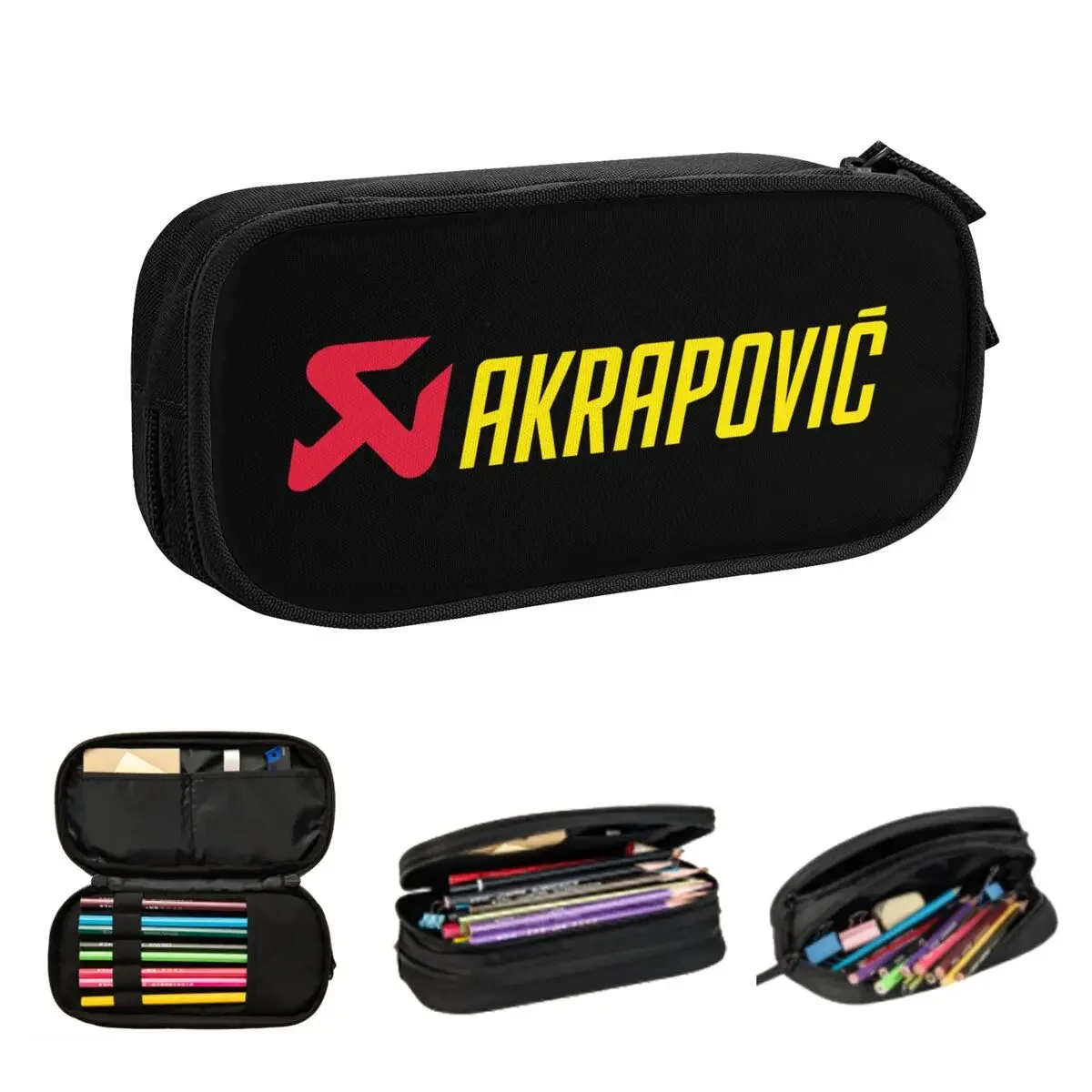 Akrapovics Logo AKS Motorcycle Exhaust Pencil Cases Large Storage Pen Bags Pen Box Pencil Pouch For Boys Girls Stationery School