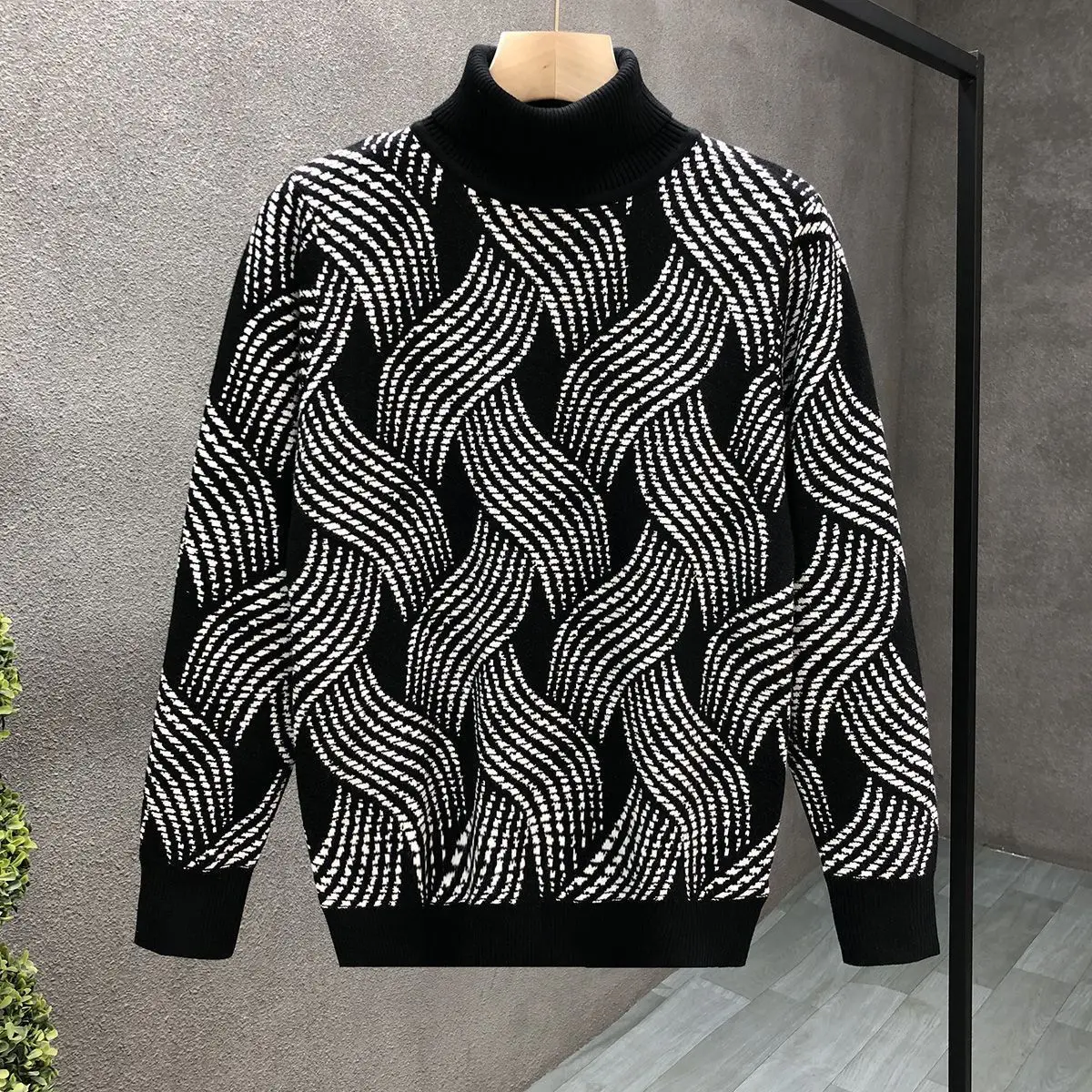 Sweater rajut untuk pria, warna hitam Turtleneck kontras, Pullover hangat kerah tinggi rajut musim gugur dan musim dingin