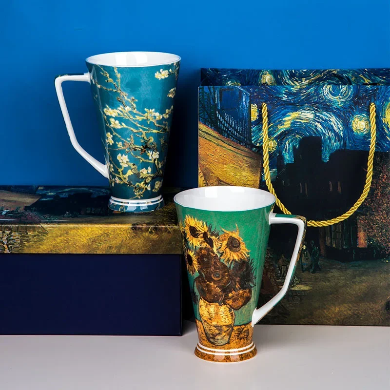 Van Gogh Ceramic Mug Coffee Large Espresso Cups Oil Painting Starry Sky Bone China Water Cup with Spoon Personalized Gift Box