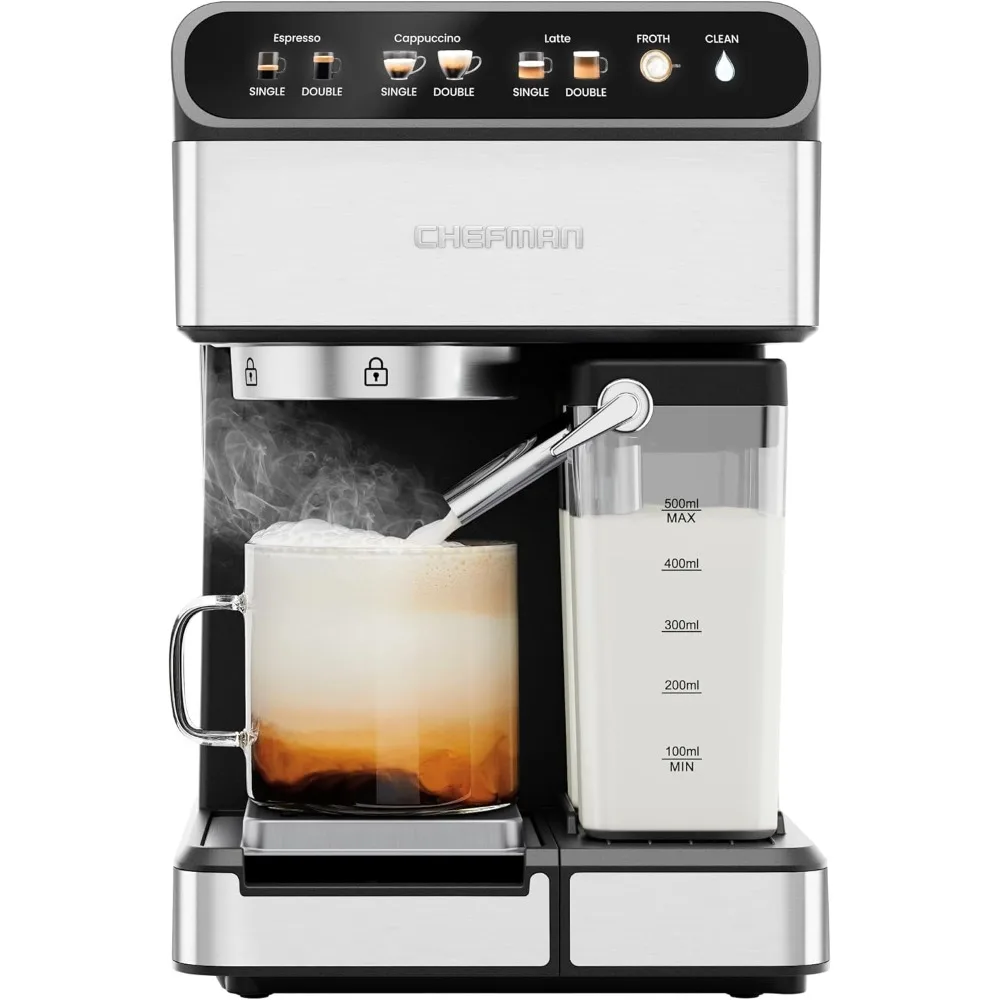 Chefman CaféMaster Pro Espresso Machine, Brew Single or Double Shots, Coffee Maker with Built-In Milk Frother for Cappuccino & L