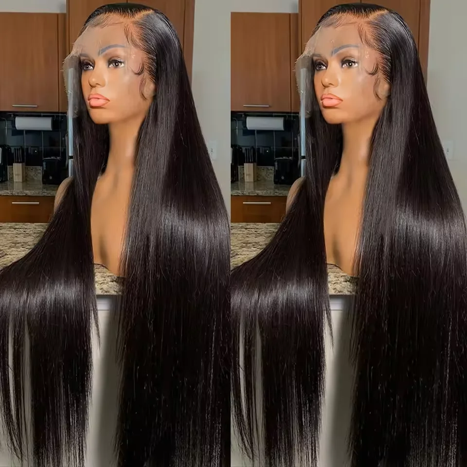 Indisches Haar, knochengerade, 13 x 4, transparente Spitze-Frontal-Perücken aus 100 % reinem Haar,