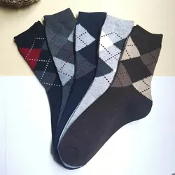 5 Pairs Men's Splicing Diamond Patterns Wool Socks Warm Winter Mid Length Socks Thickening Soft Cold-resistant Men Boots Socks