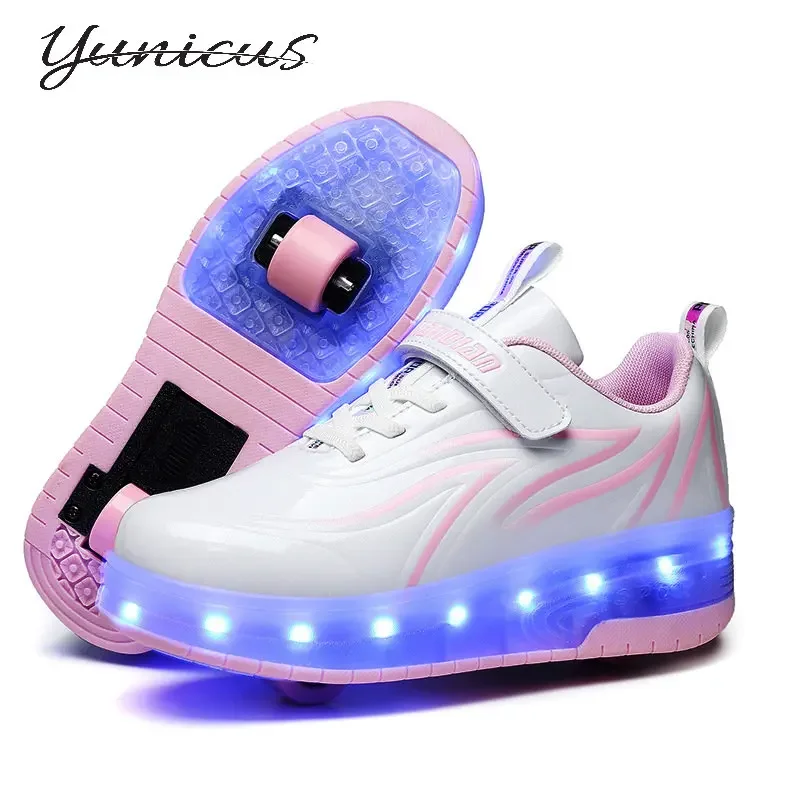 YUNICUS Led Light Boys Girls Shoe USB Charging Black Two Wheels Luminous Sneakers Roller Skate Shoes for Children Kids Led Shoes