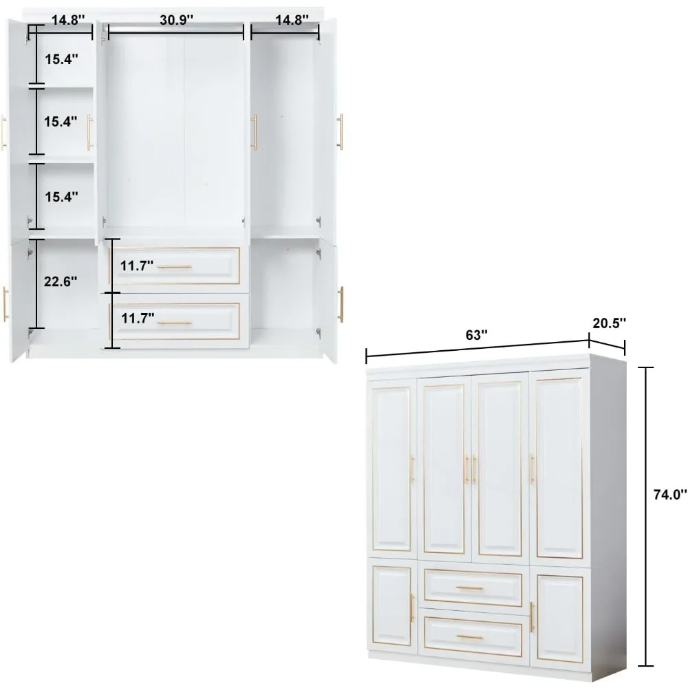 4-Door 2 Wooden Drawers Tall Cabinet Luxury Style  for High Storage Capacity, White Closet Cabinet with 2 Shelves Hanging Rod