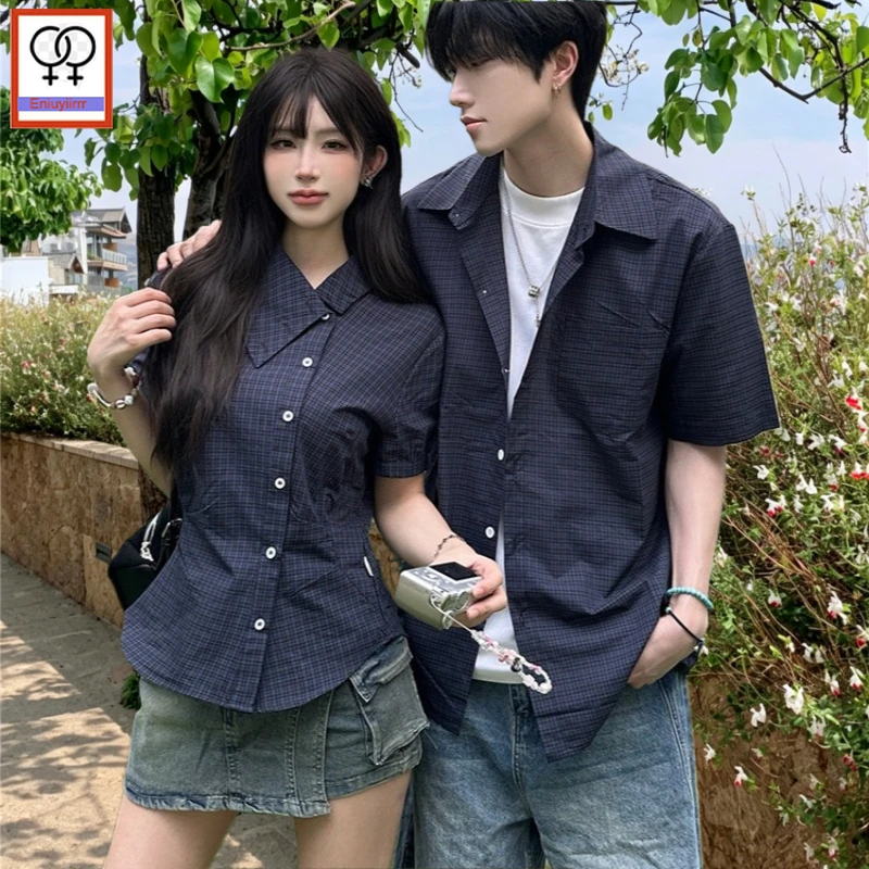 Ropa a juego para parejas, camisas a cuadros lindas de estilo japonés retro, informales, de manga corta, de algodón, para verano, para citas y vacaciones, para amantes, hombres y mujeres