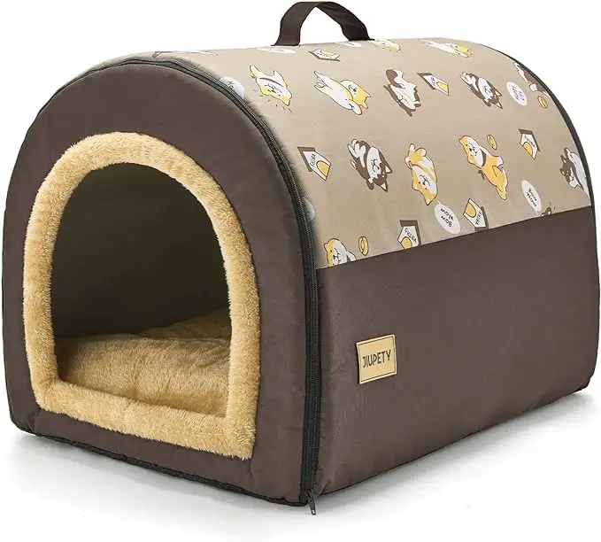 Dog House Cozy, 2 in 1 Small Dog House, L Size for Small Medium Dog, Comfy Cave Portable House for Dogs, Brown