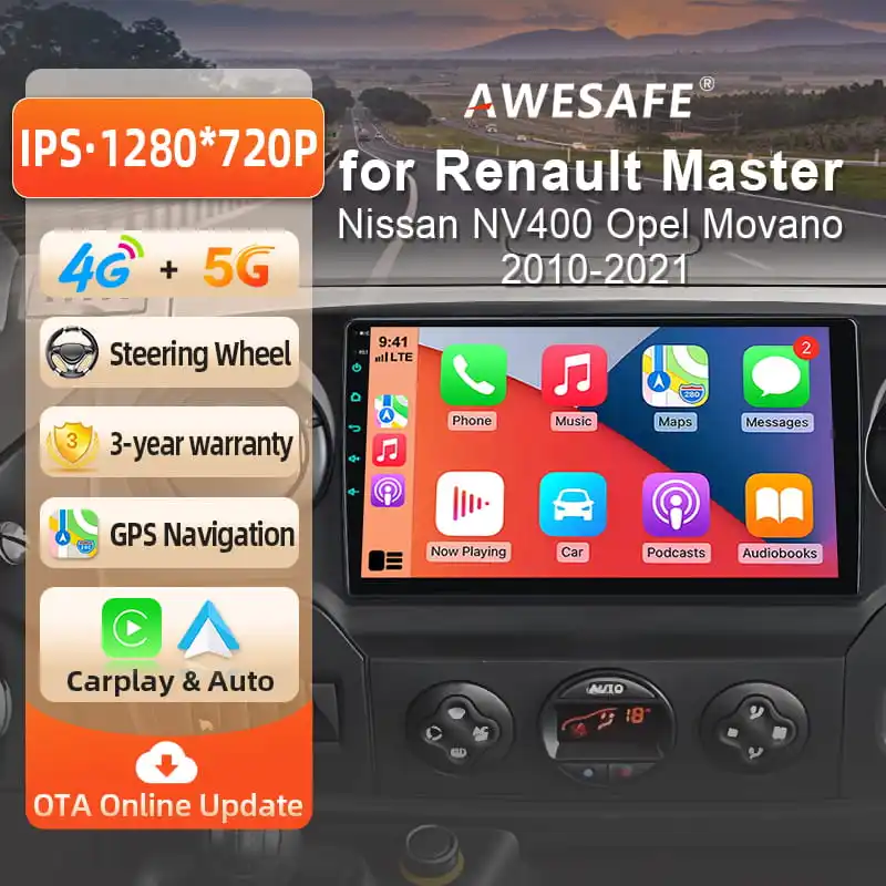 Autoradio sans fil AWESAFE CarPlay Android Auto pour Renault Master 3 III Nissan NV400 Opel Movano 2010-2021 GPS Navi Plug and Play