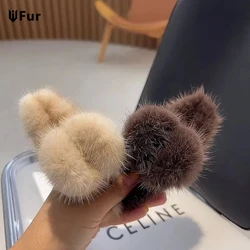 New Real Mink Fur Barrettes Winter Fluffy Hair Claw Elegant Acrylic Hairpins Clip Crab Headwear for Women Girls Hair Accessories