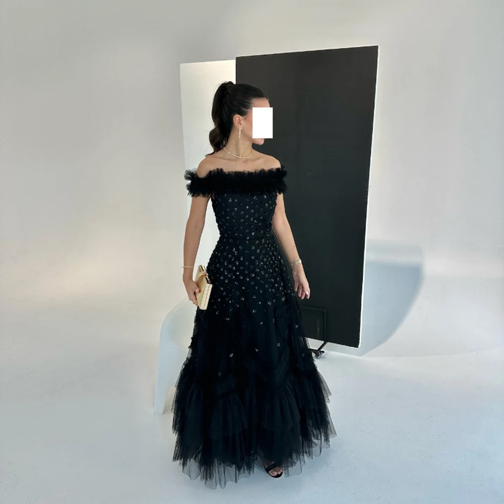 Customized Black Off the SHoulder Crystal Tulle Evening Dresses Backless A-line Ruched Floor Length Pageant Prom Gowns Elegant