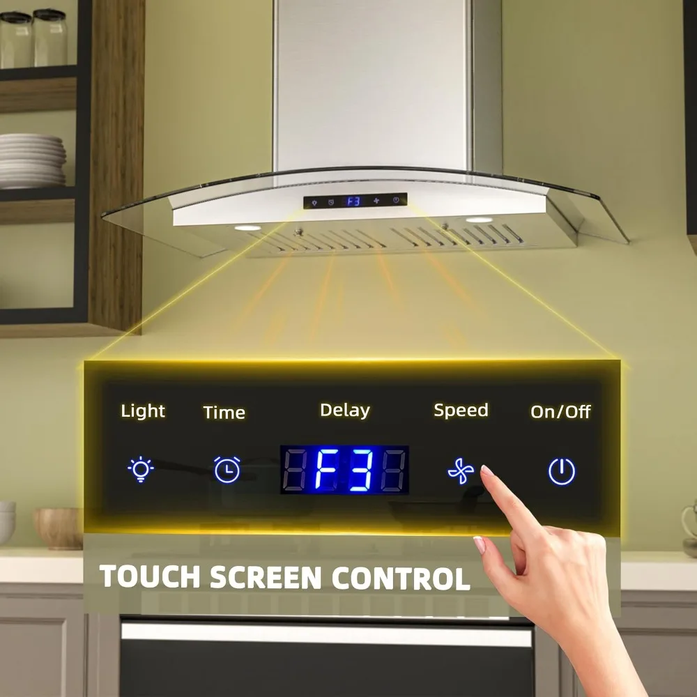 Soft Touch Control Range Hood, duto de ventilação, 3 Speed Fan, luzes LED, filtros permanentes, inclui filtro de carvão, 30"