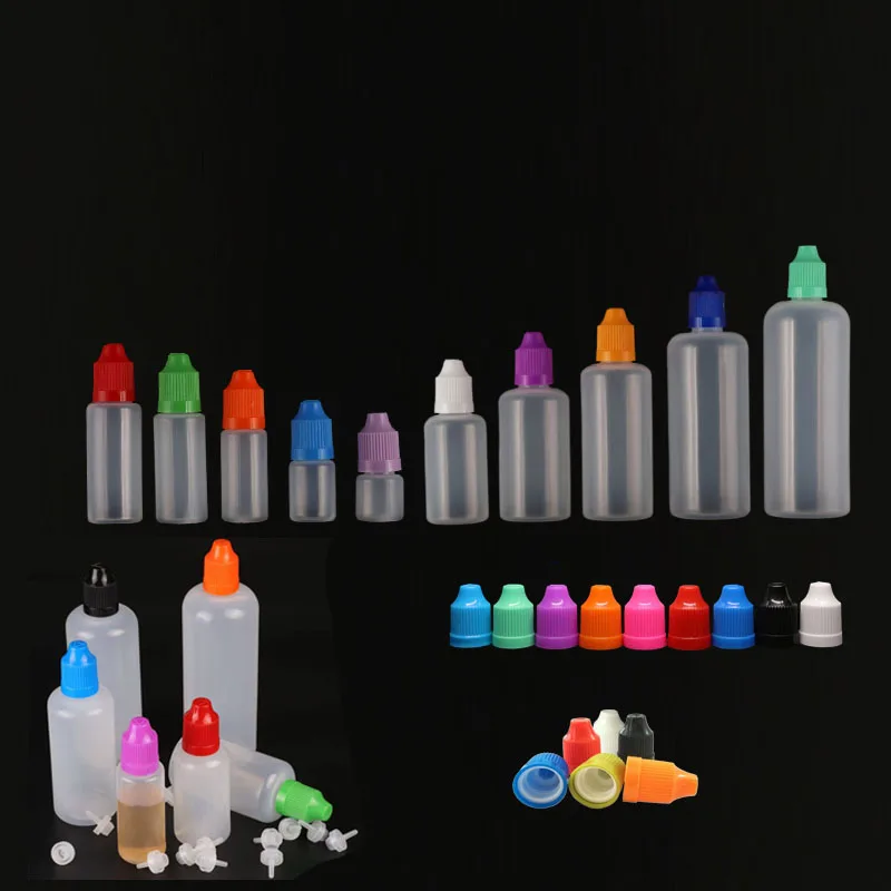 100 Stuks 3 ml-120 ml LDPE Lege Samendrukbare E Vloeibare Druppelflesjes Eye Vape Oliën Lange Tips container Met Kleur Caps Met Trechters