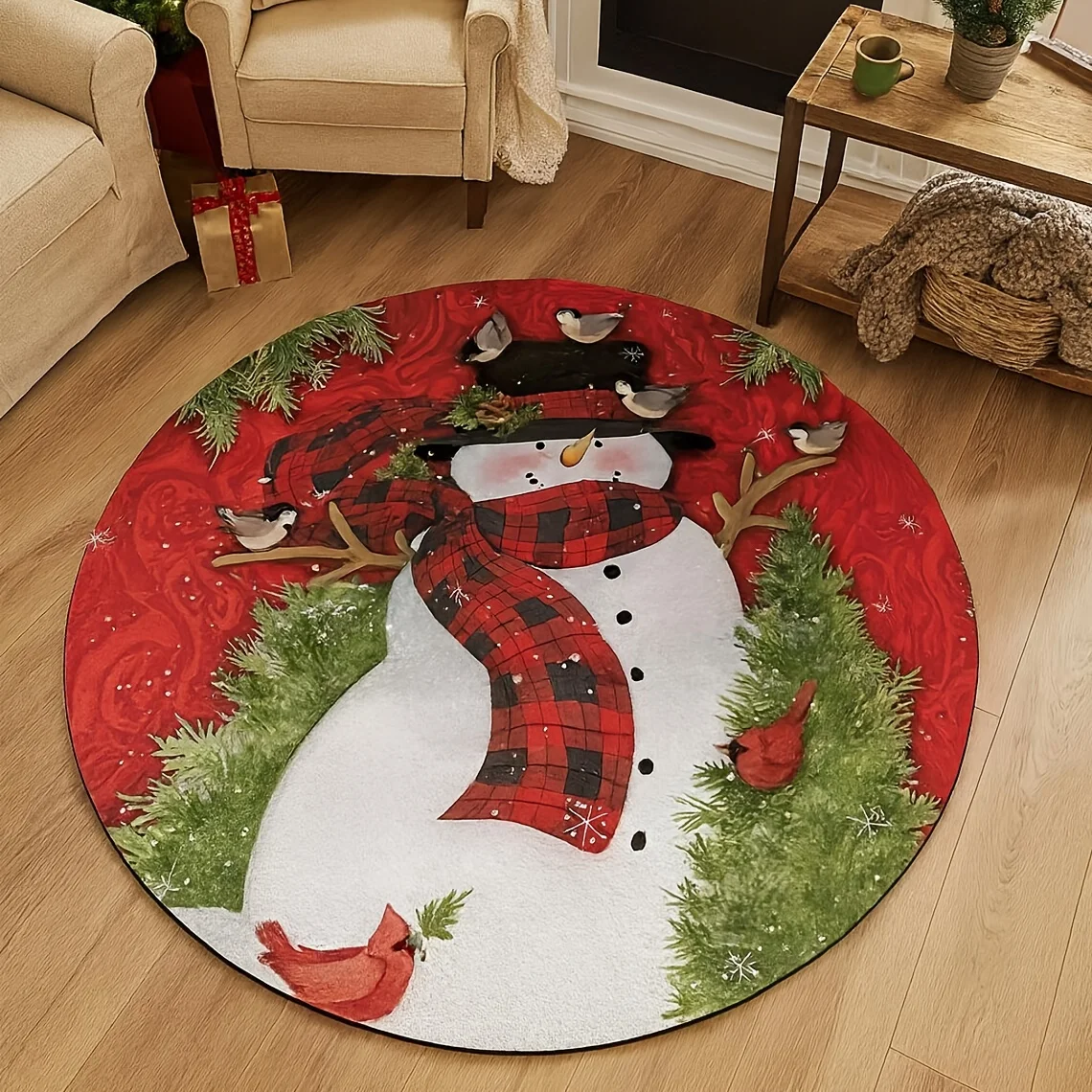 Festive Snowy Day Motif Circular Rug Decorative Non Slip Door Mat Versatile Accent For Gym Dance Studio Lounge