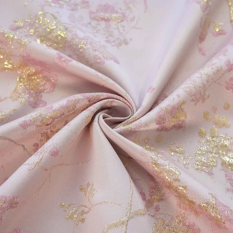 Embossed Jacquard Fabric Bronzing Pink Rose Design Sewing Material Cheongsam Dress Garment Fabric Wide 145cm Sold By Meter