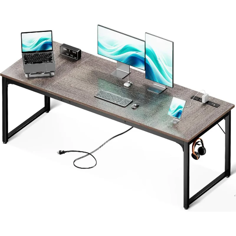 

71 x 24 Inch Computer Desk with USB Ports, Large Office Desk, Long Study Student Writing Desk, Grey Oak