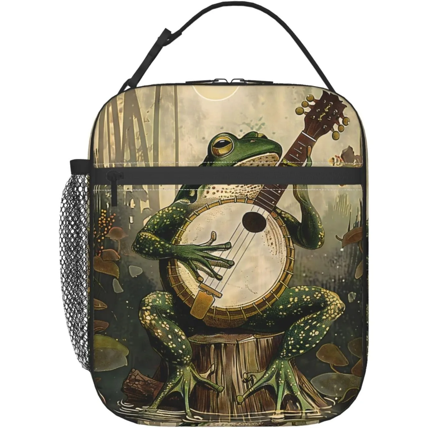 

Термосумка-холодильник для обедов с изображением лягушки, играющей на банджо, в причудливом стиле, для студентов, подарки для школы