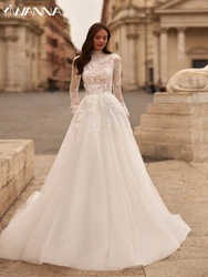 Vestido De novia largo De línea a con purpurina, vestido De novia modesto De cuello alto, apliques elegantes, vestido De novia De flores 3D