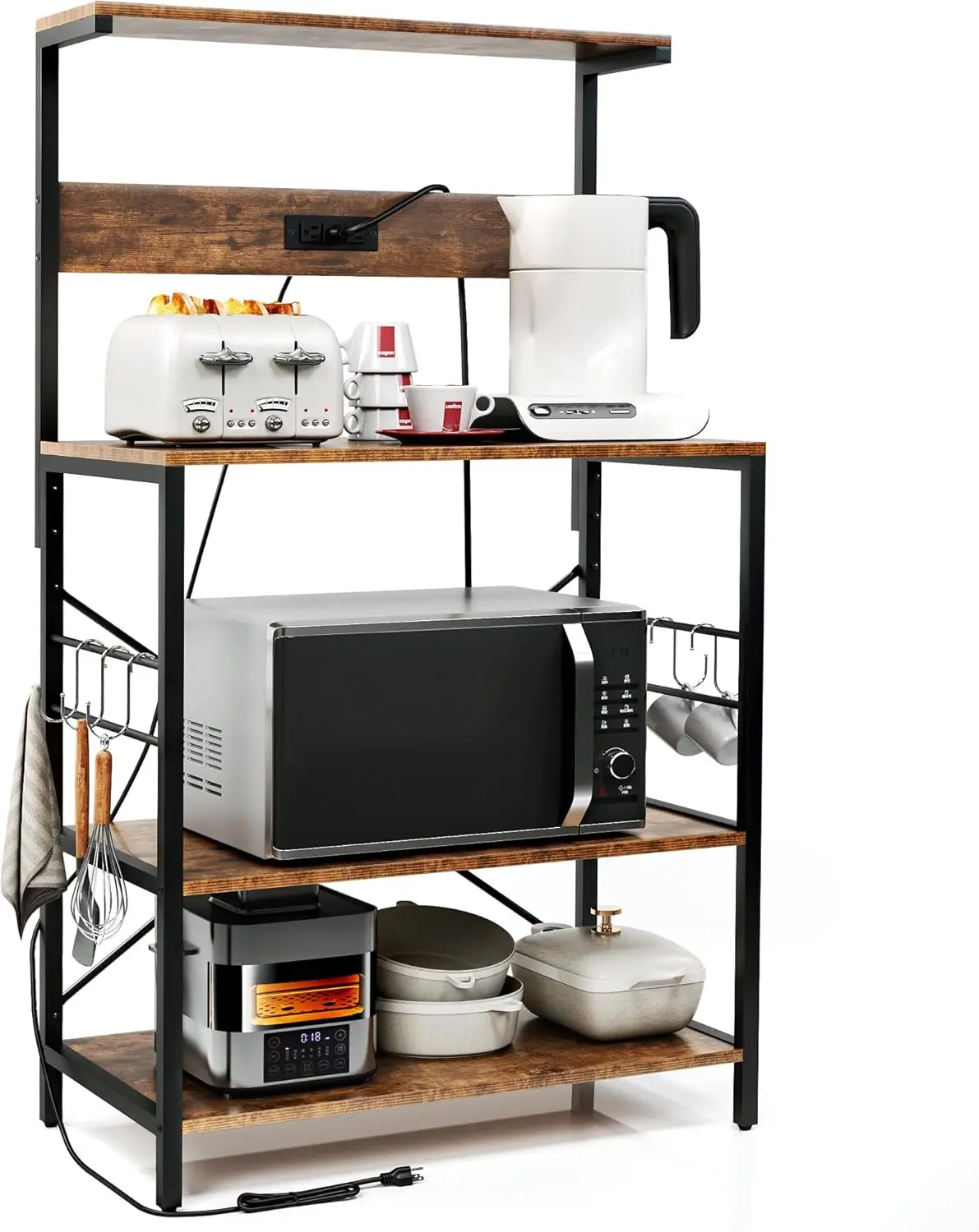 Tc-Homeny Bakers Rack With Power Outlet, 3 Tiers Kitchen Storage Shelf With 5 S-Shaped Hooks, Kitchen Microwave Stand, Coffee