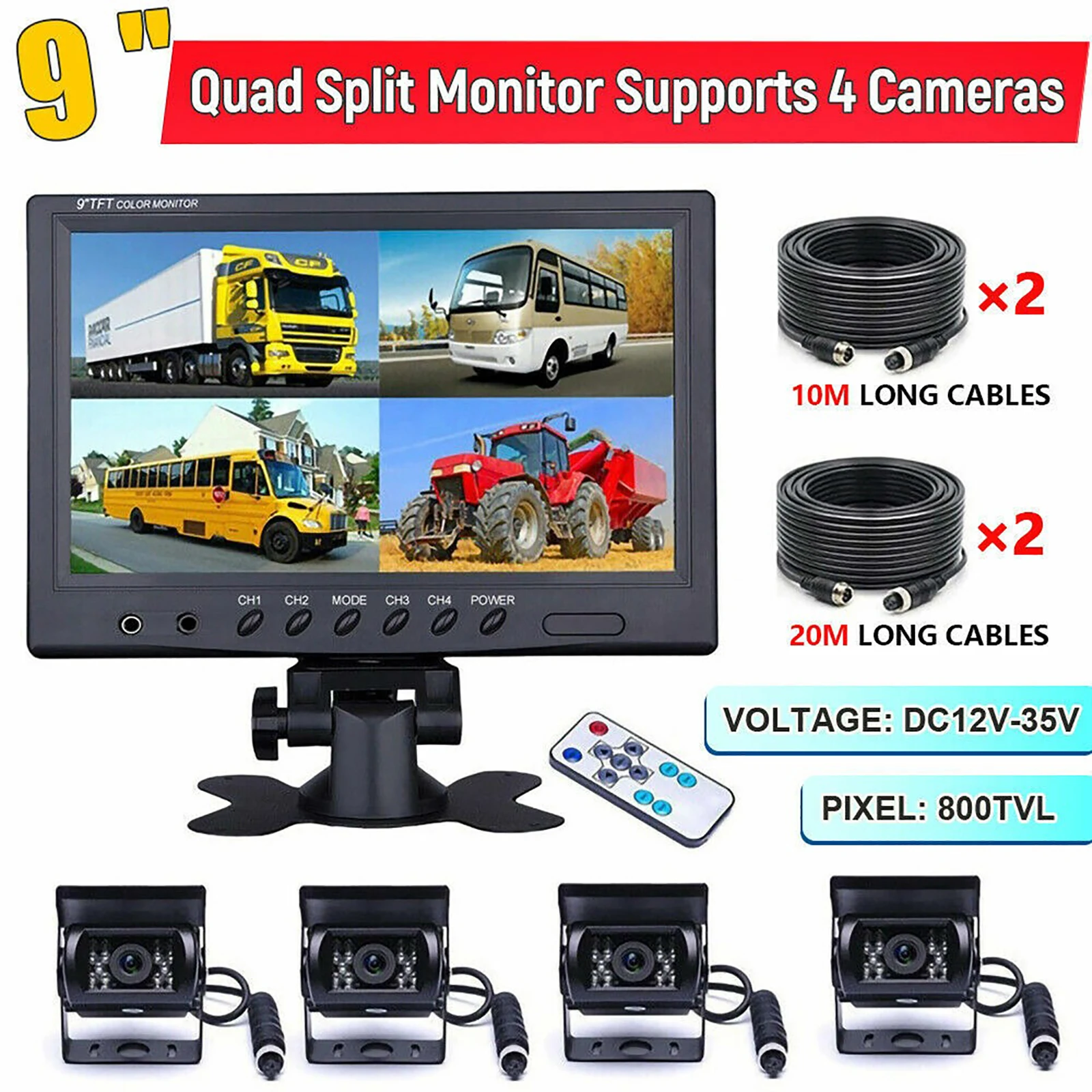 

Lastbus 9" Quad Split Monitor Screen 20m 4XCCD Rear View Backup Camera for Truck RV Bus