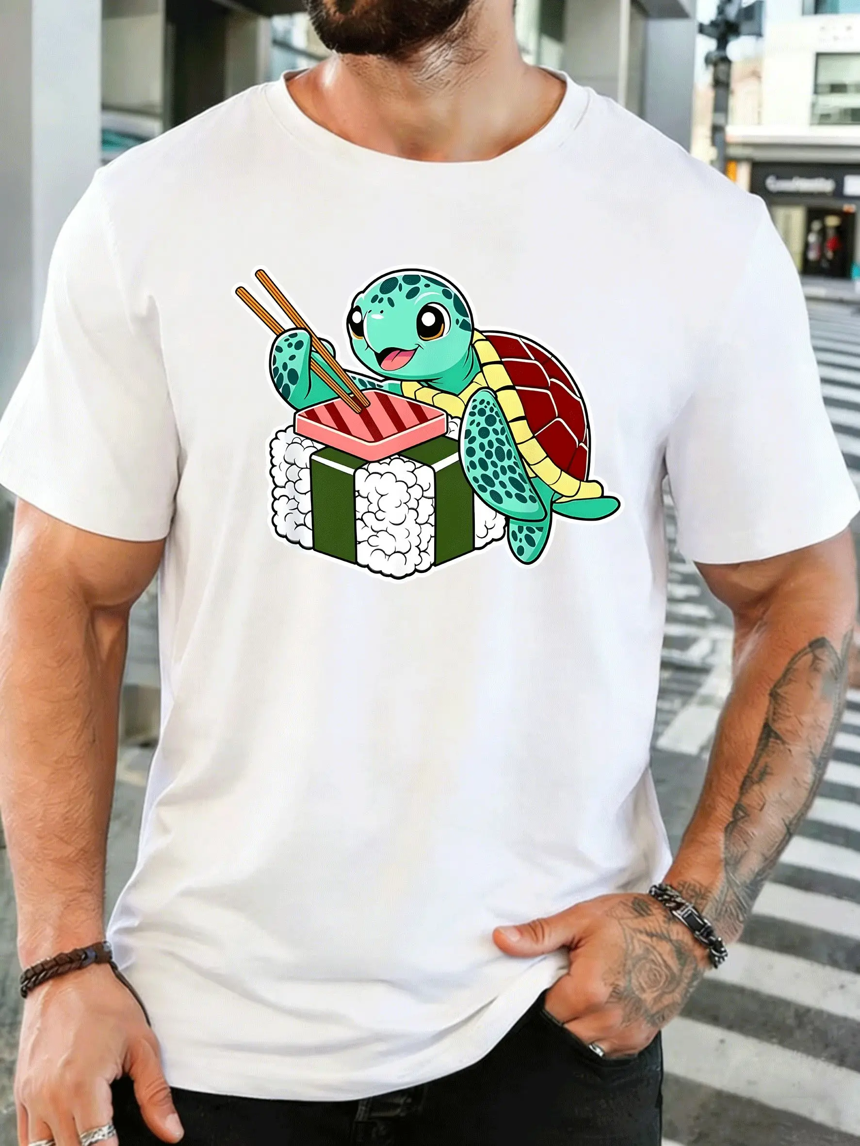 Cute Cartoon Sea Turtle Eating Sushi Mens Print T Shirt Funny Ocean Animal Graphic Tee Casual Short Sleeve Top Food Lover Gift
