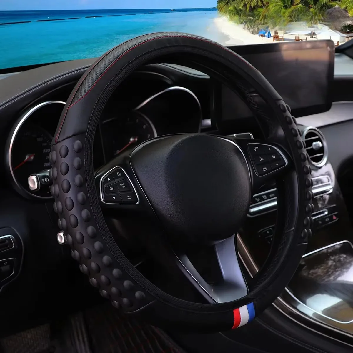 Automotive Products Carbon Tiny Silicone Massage Pellet Leather Steering Wheel Cover Without Inner Ring Fits 14.5-15 Inches